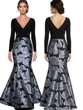 AVERY G Long Sleeve Jacquard Floral Evening Gown - Size 12